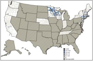 Figure 3. Incidence of reported cases of babesiosis. Image from: http://www.cdc.gov/mmwr/preview/mmwrhtml/mm6127a2.htm